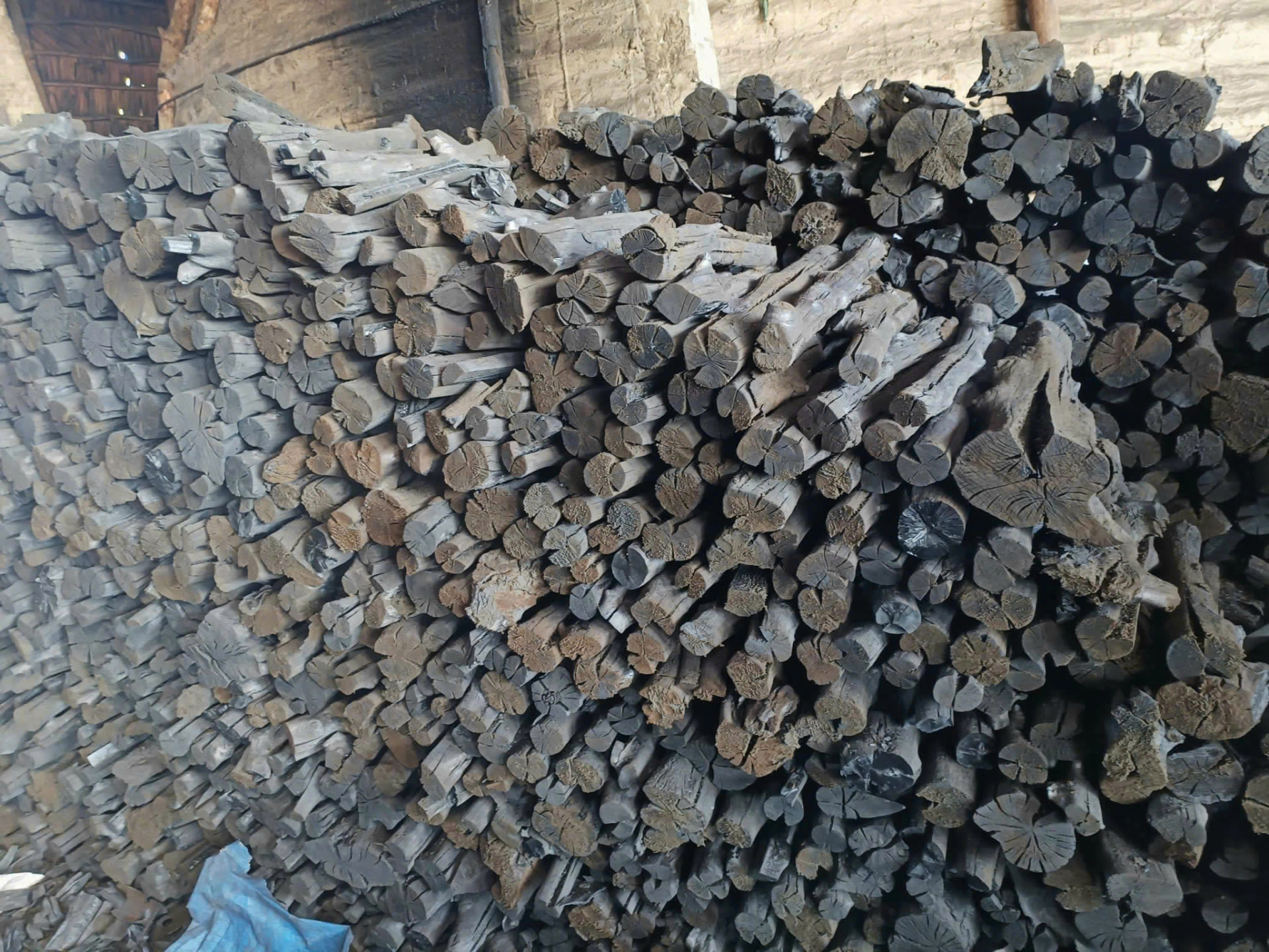 Mangrove charcoal logs stacked in the kiln